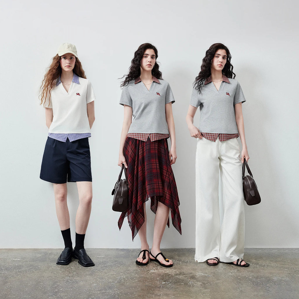 Layered-Look Plaid-Collar Polo Top