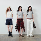 Layered-Look Plaid-Collar Polo Top
