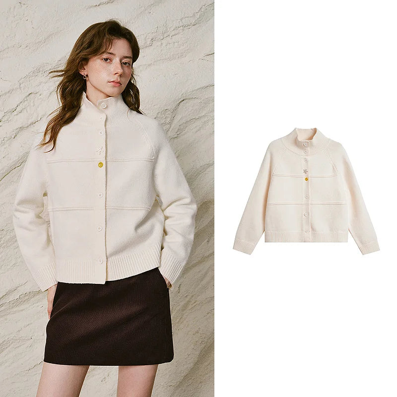 Contrast-Button Stand-Collar Cardigan