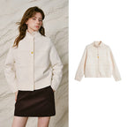 Contrast-Button Stand-Collar Cardigan