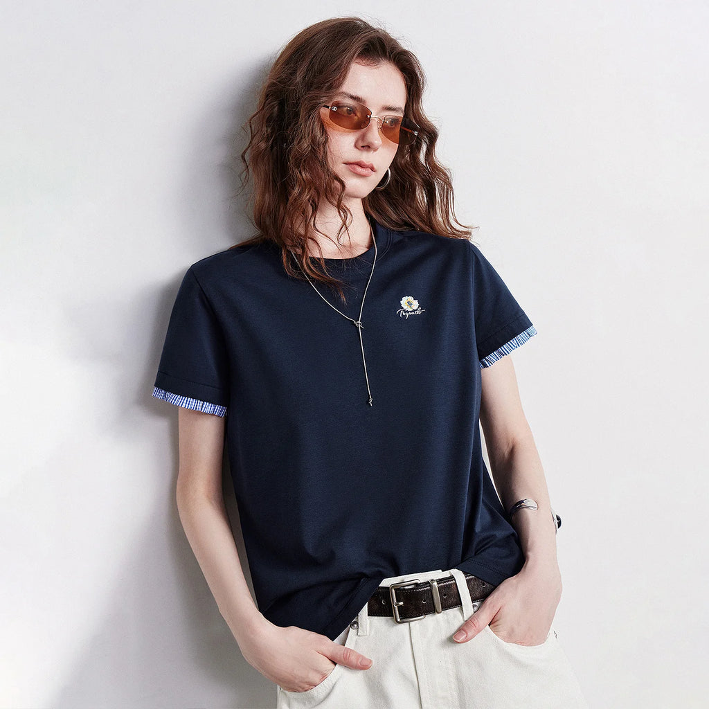 Plaid-Cuff Short-Sleeve Tee