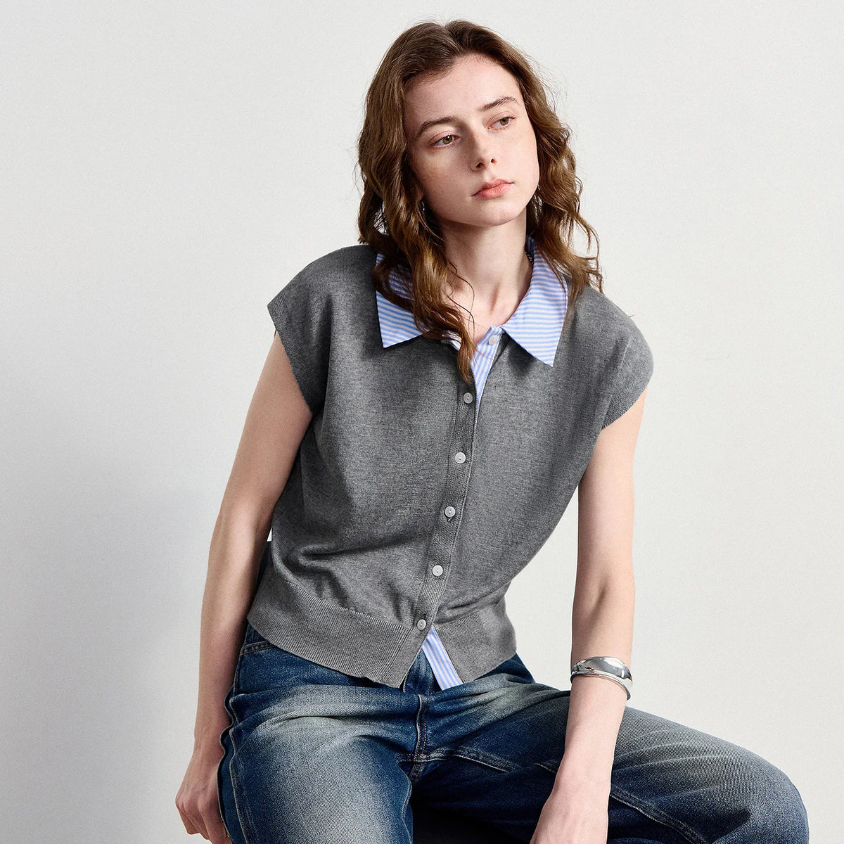 Contrast-Collar Knit Shirt