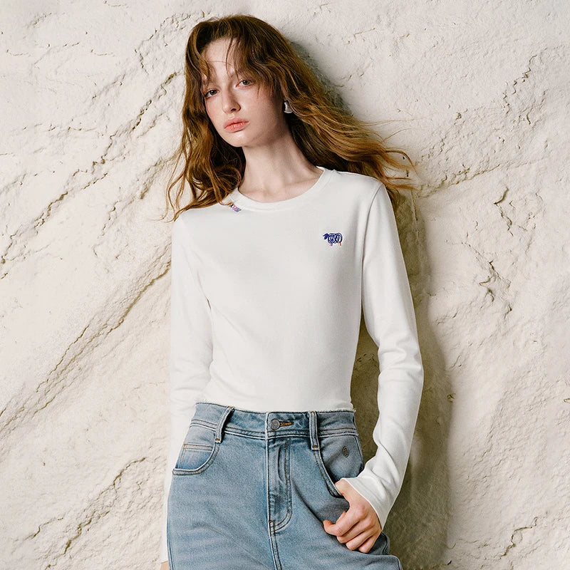 Chest-Motif Long-Sleeve Crewneck Tee