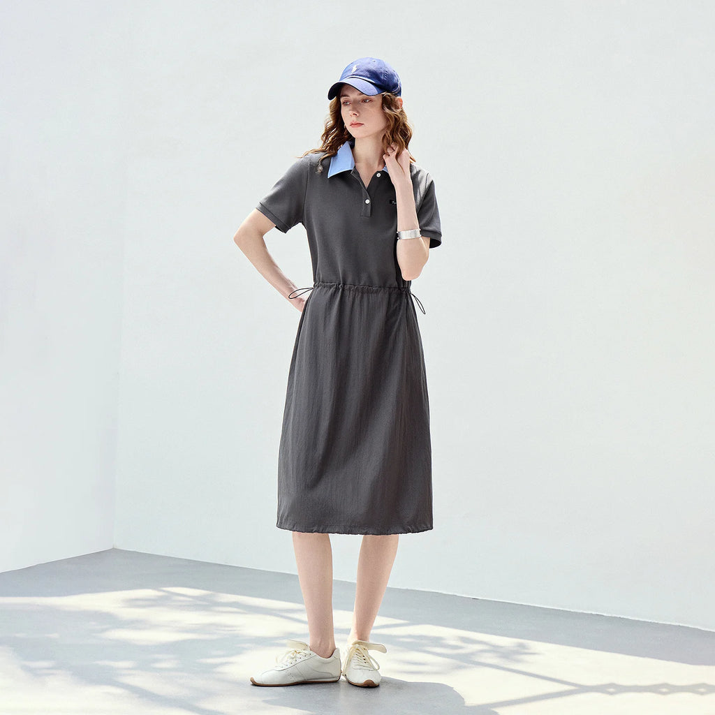 Contrast-Collar Drawstring Midi Dress