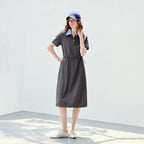 Contrast-Collar Drawstring Midi Dress