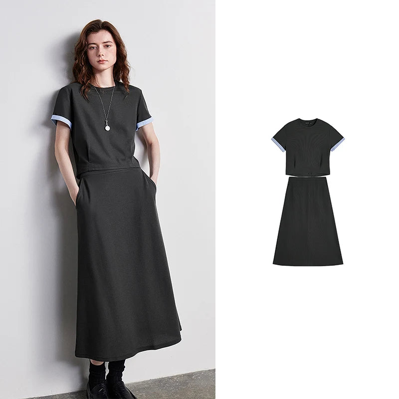 Contrast-Cuff Tee and Midi Skirt Set