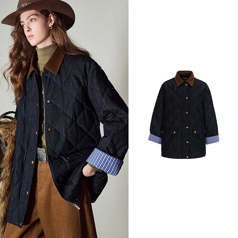 Striped-Cuff Padded Denim Jacket
