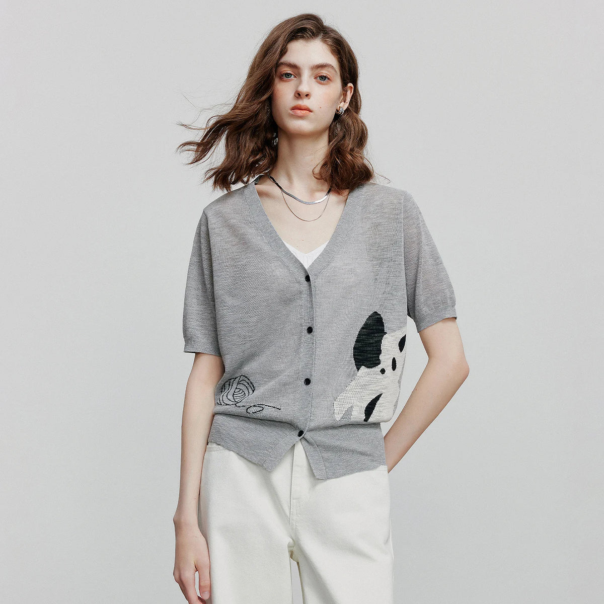 Cat-Motif V-Neck Cardigan