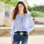 Ruffle-Neck Tie-Front Blouse