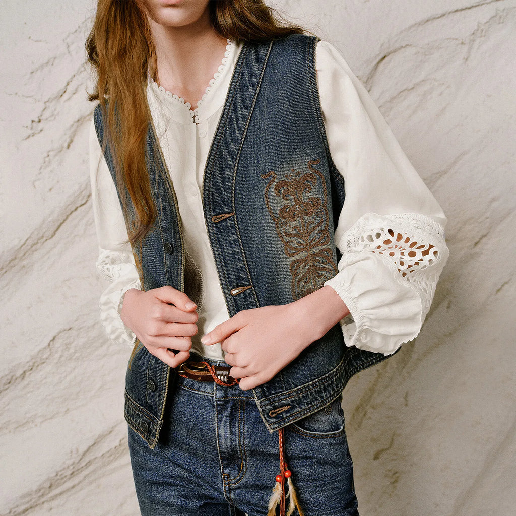 Ornate-Motif Button-Front Denim Vest