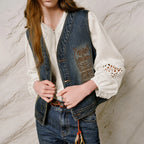 Ornate-Motif Button-Front Denim Vest
