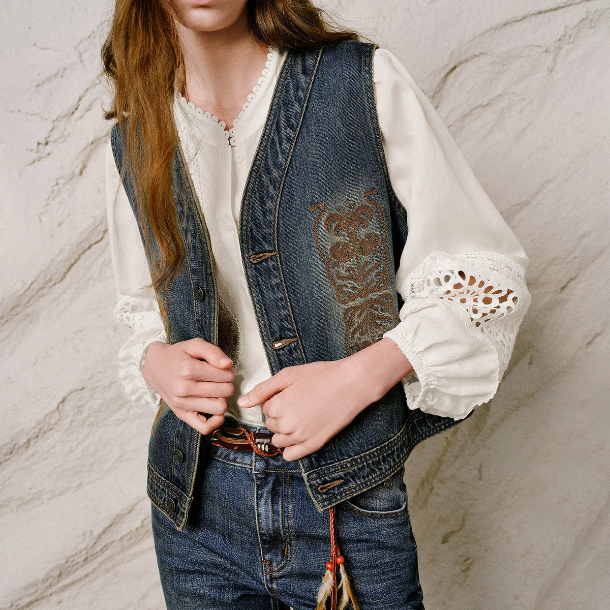 Ornate-Motif Button-Front Denim Vest