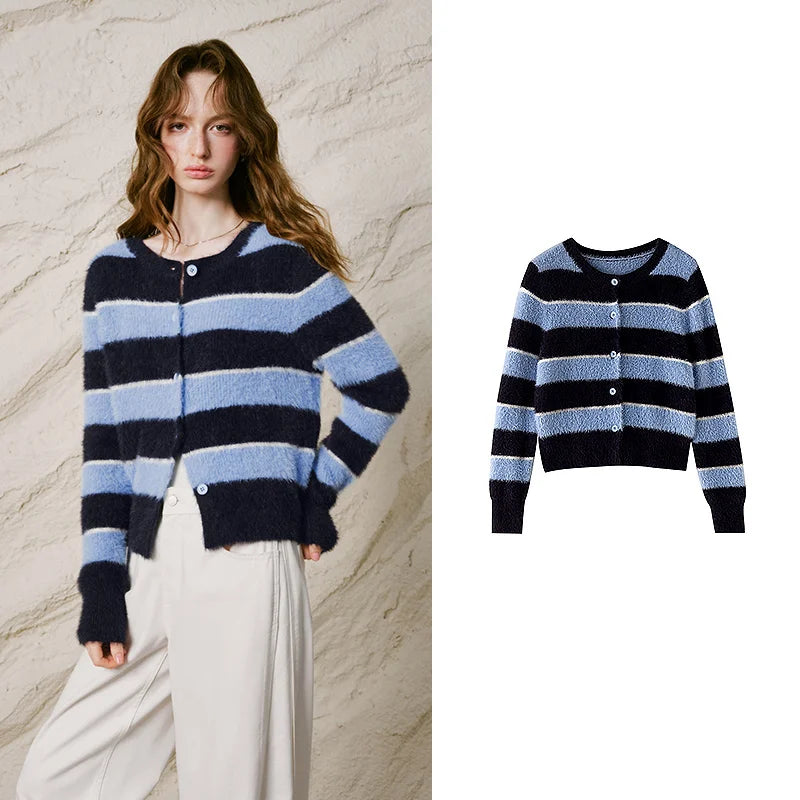 Striped Crewneck Knit Cardigan