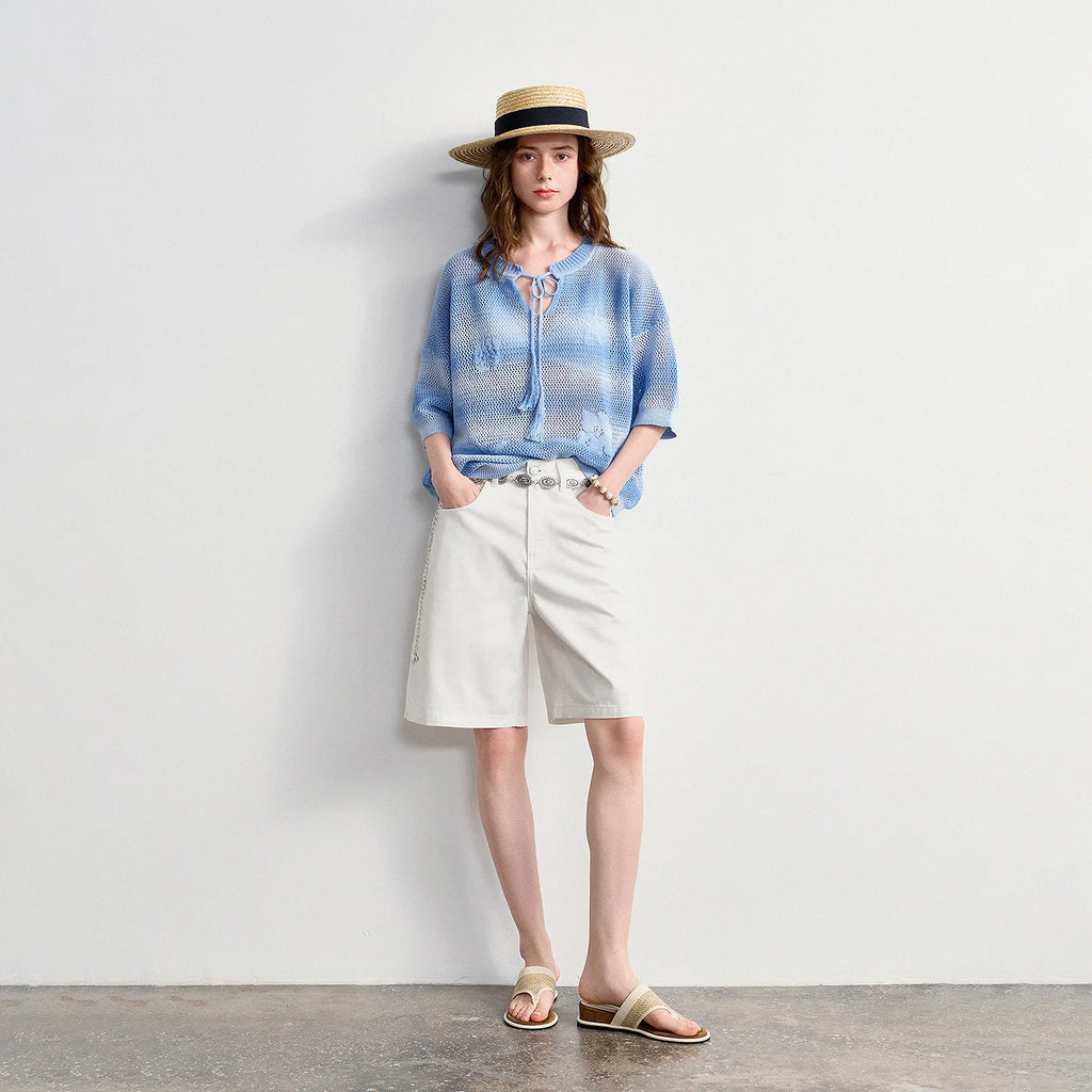 Tie-Neck Open-Knit Top