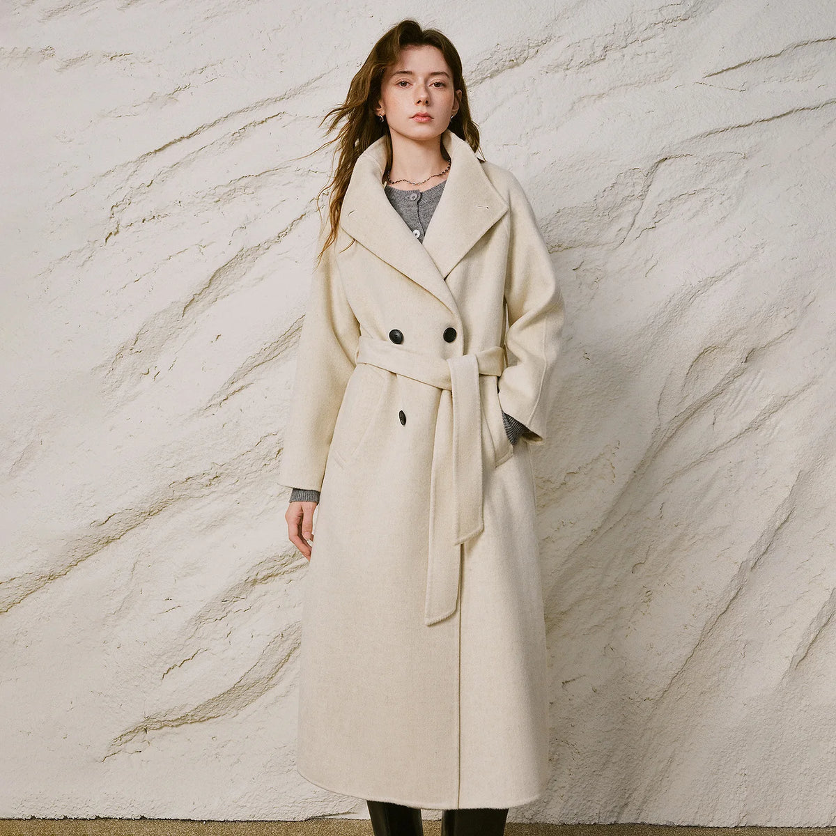 Double-Breasted Belted Long Coat