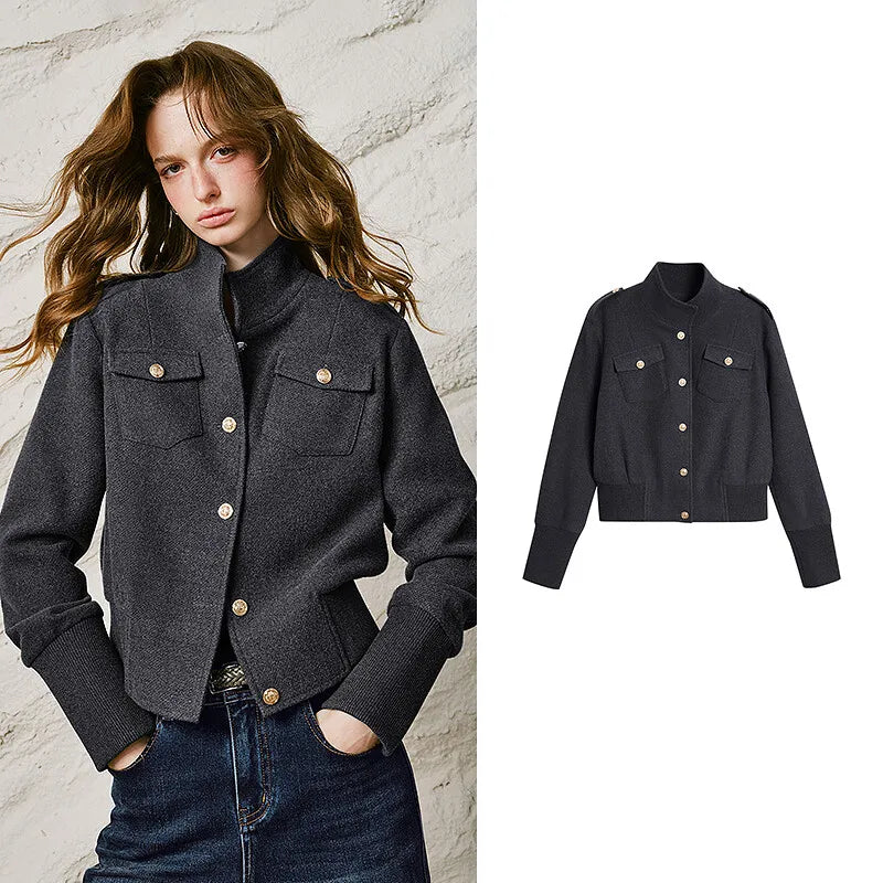 Stand-Collar Button Jacket