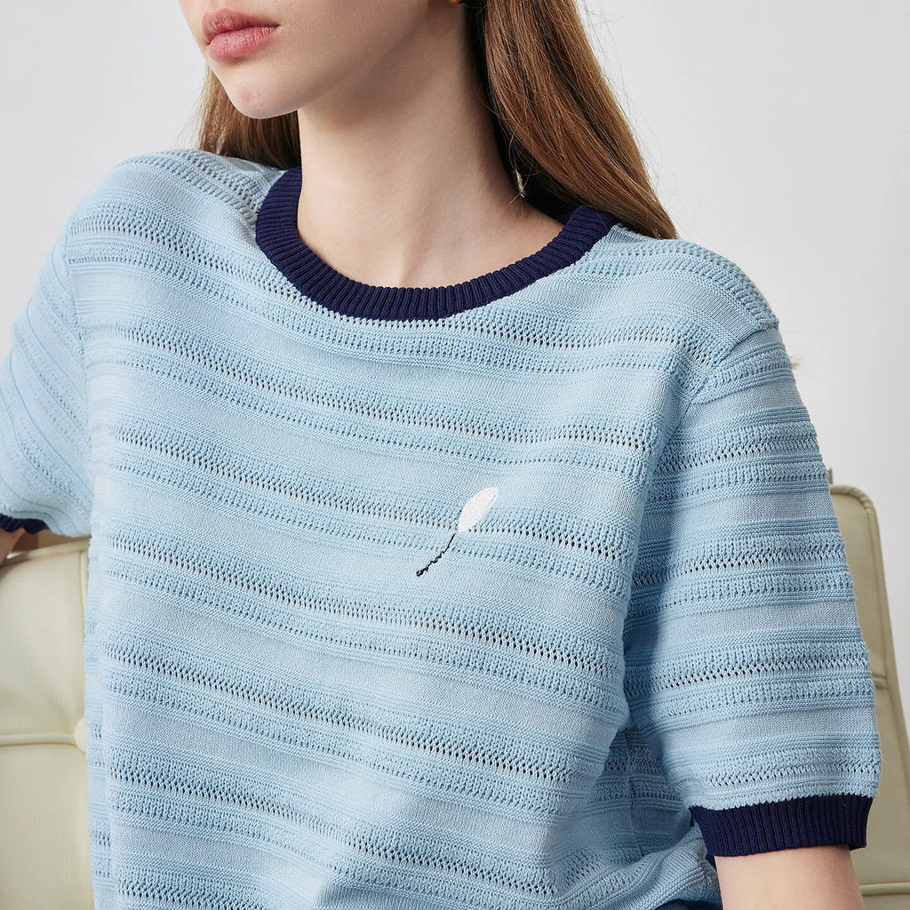 Contrast-Trim Textured Knit Tee