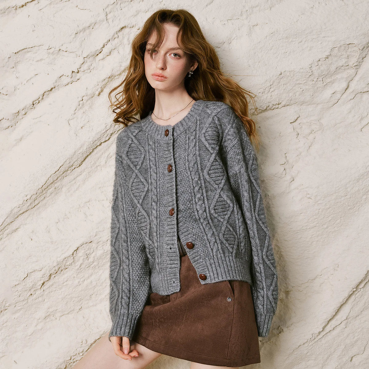 Crewneck Cable-Knit Cardigan