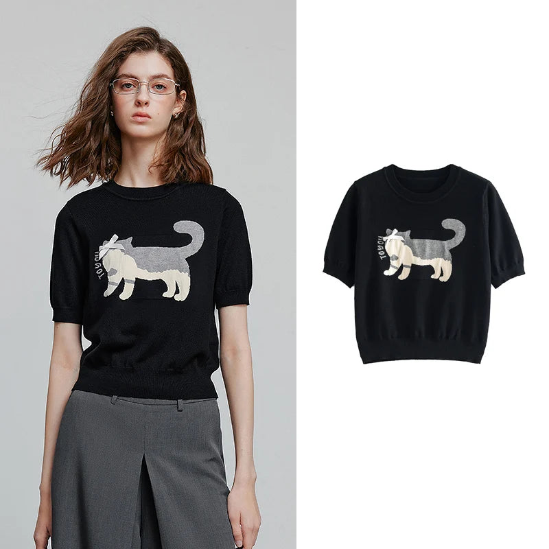 Cat-Motif Knit Tee
