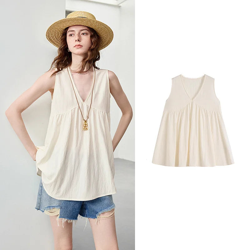 V-Neck Gathered Sleeveless Blouse