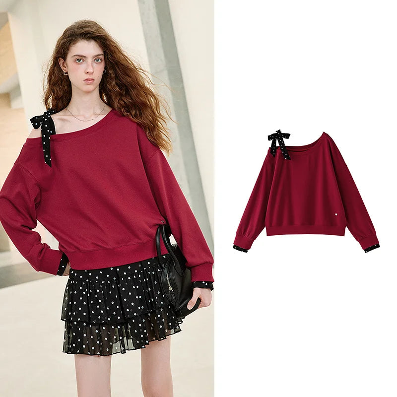 Asymmetric-Neck Bow-Detail Sweatshirt