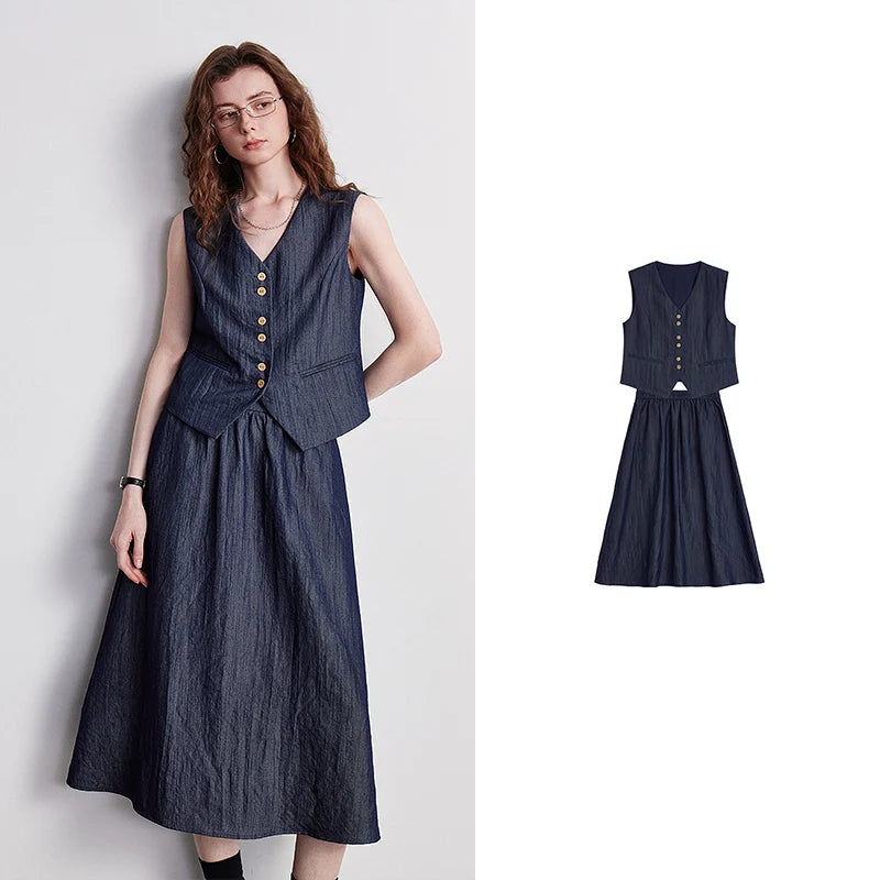 Button-Front Vest and Midi Skirt Set