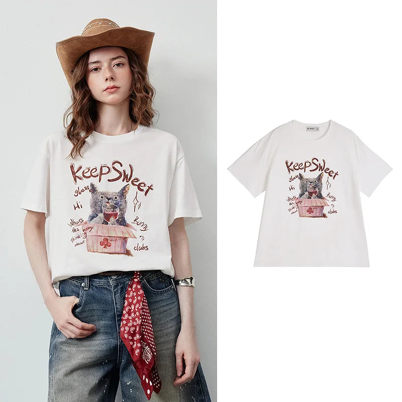 Cat Graphic Crewneck Tee
