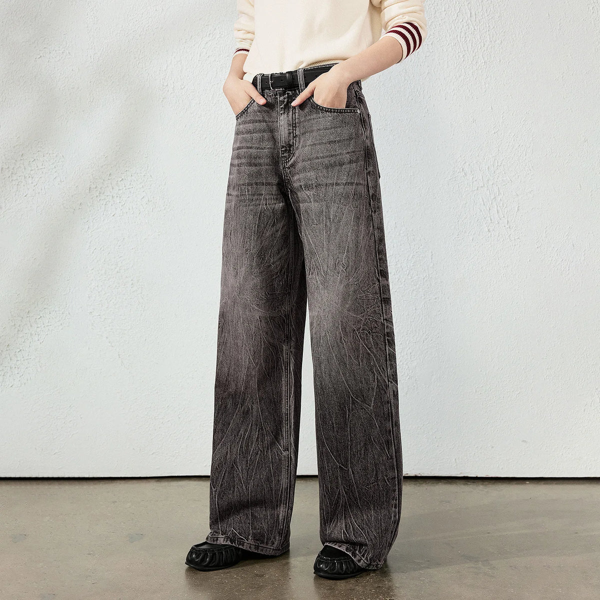 Crackled-Wash Wide-Leg Jeans