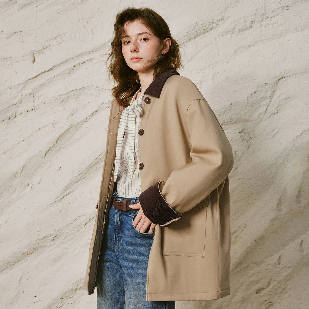 Contrast-Collar Patch-Pocket Coat