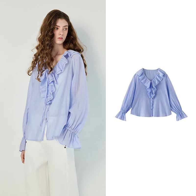 Ruffle-Neck Tie-Front Blouse