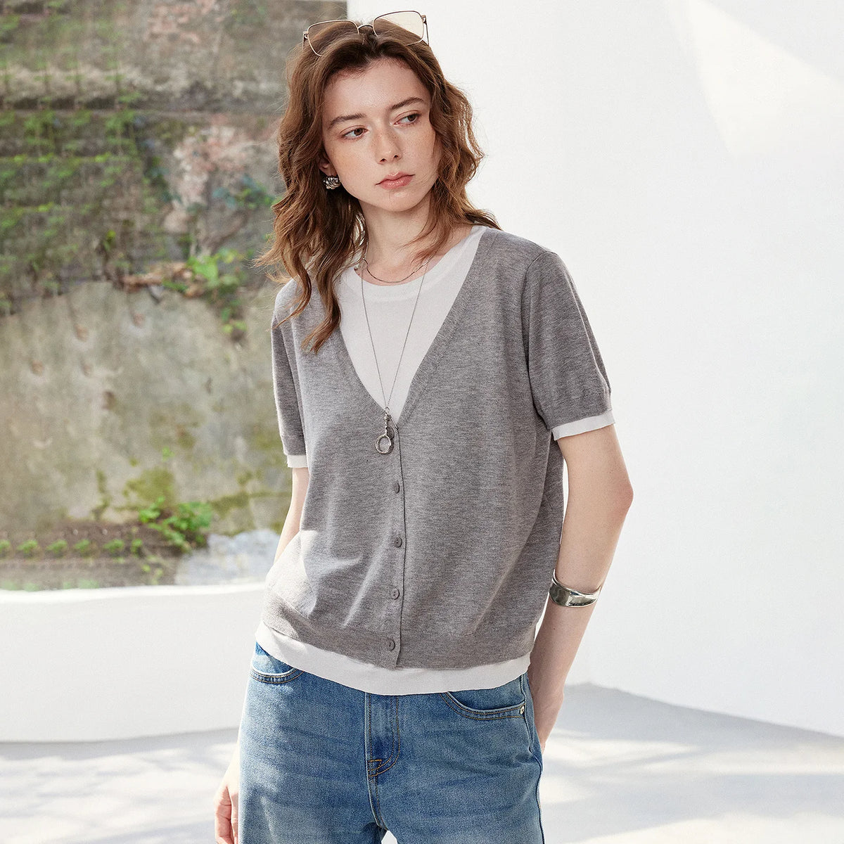 Layered-Look Short-Sleeve Knit Top