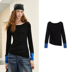 Contrast-Cuff Asymmetric Knit Top