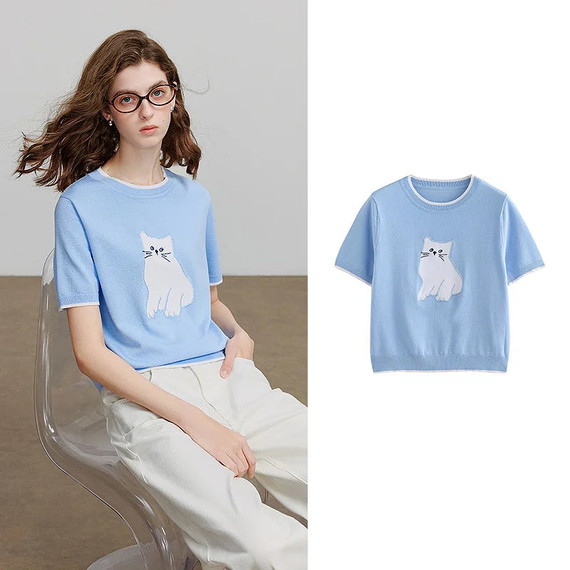 Cat-Motif Knit Tee