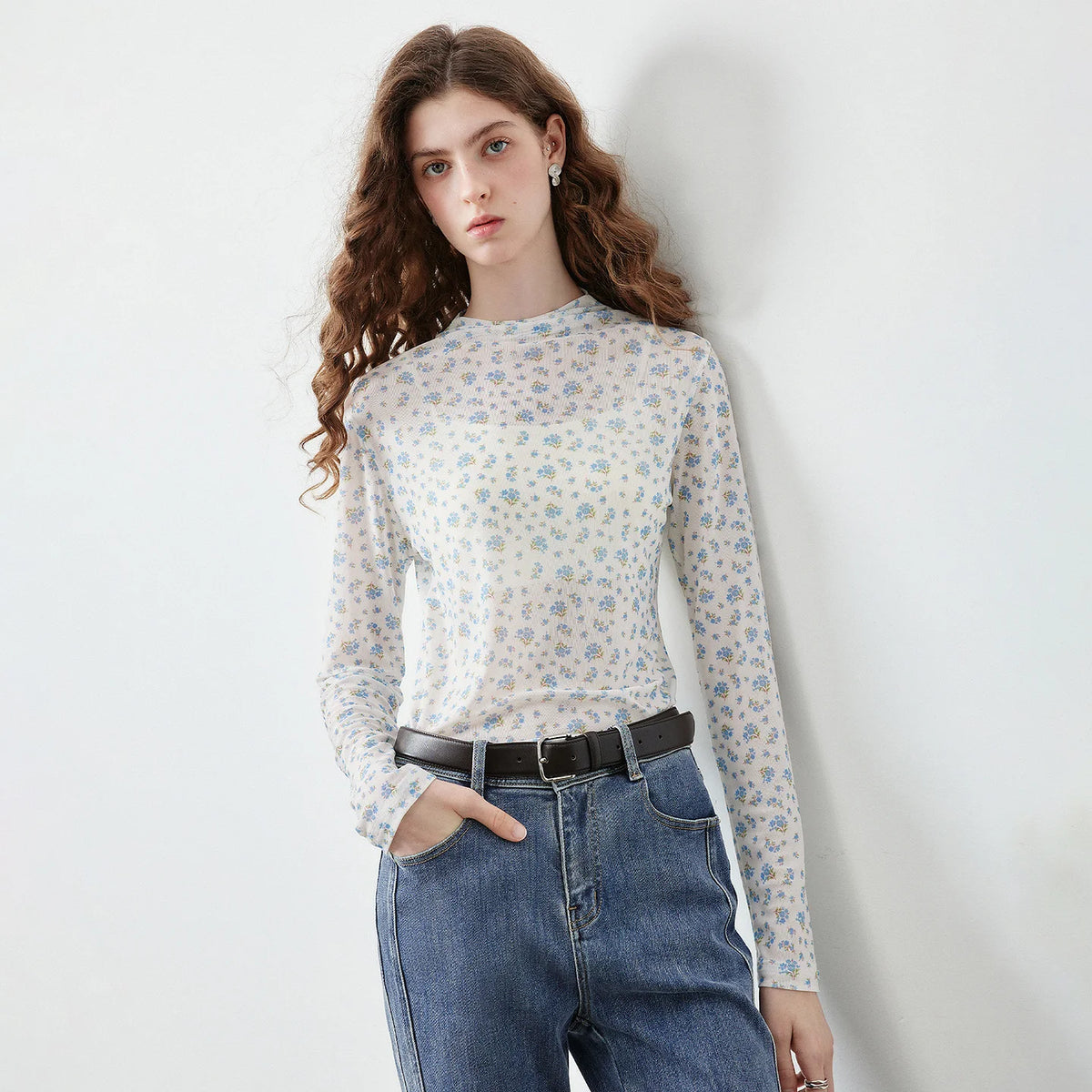 Floral Mock-Neck Long-Sleeve Top