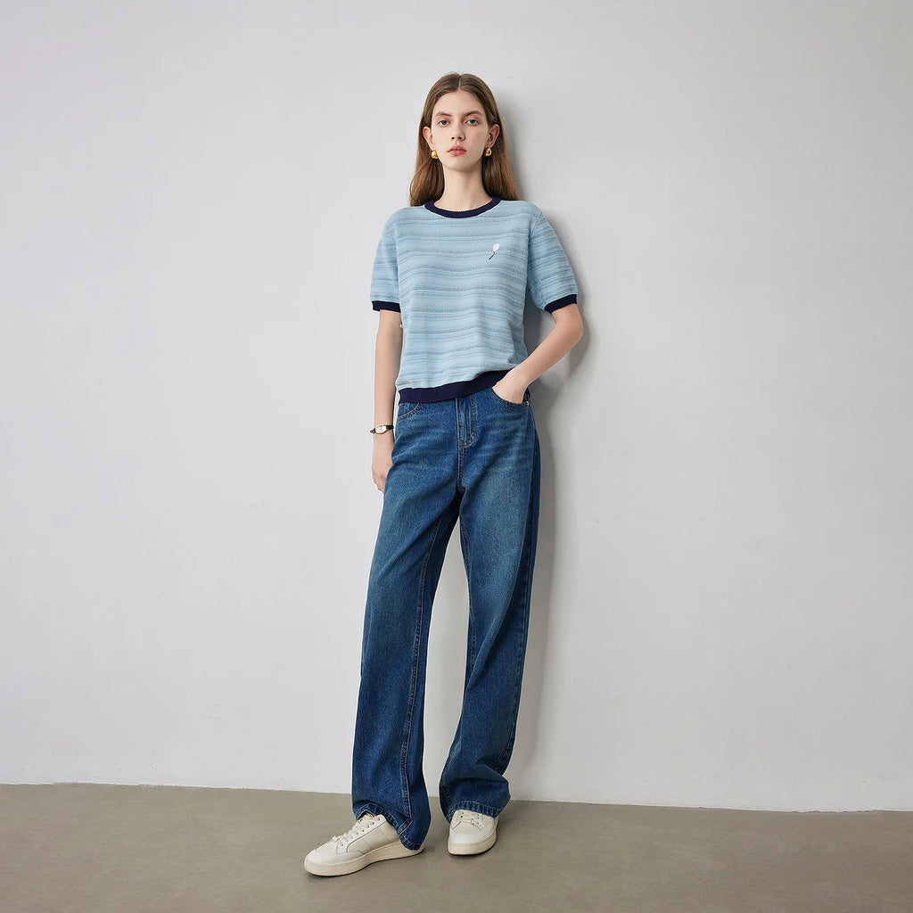 Contrast-Trim Textured Knit Tee