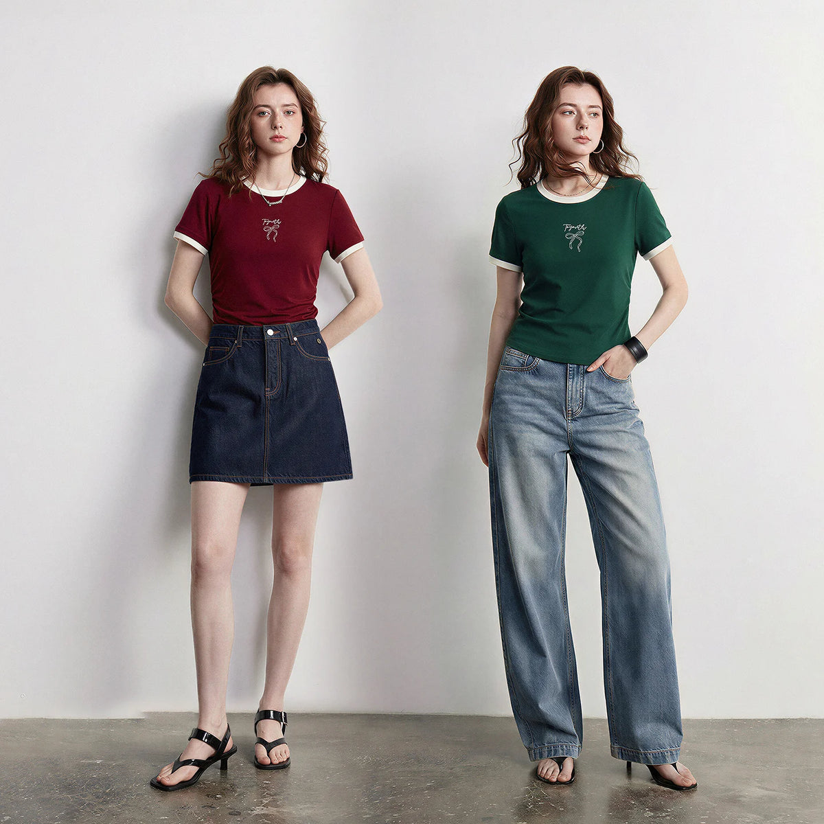 Bow-Detail Contrast-Trim Fitted Tee