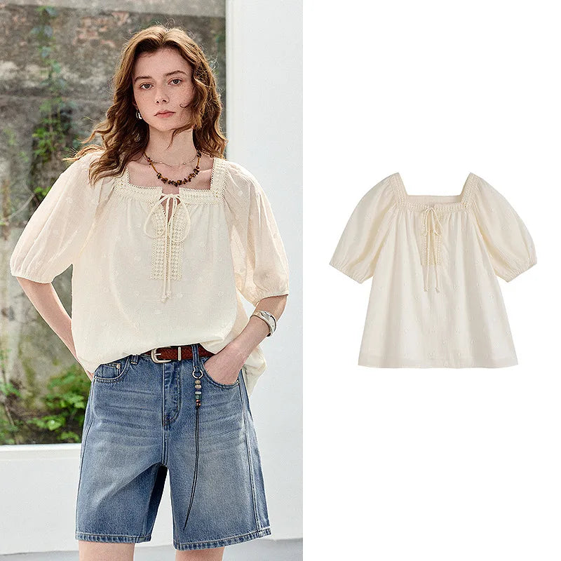 Square-Neck Puff-Sleeve Blouse