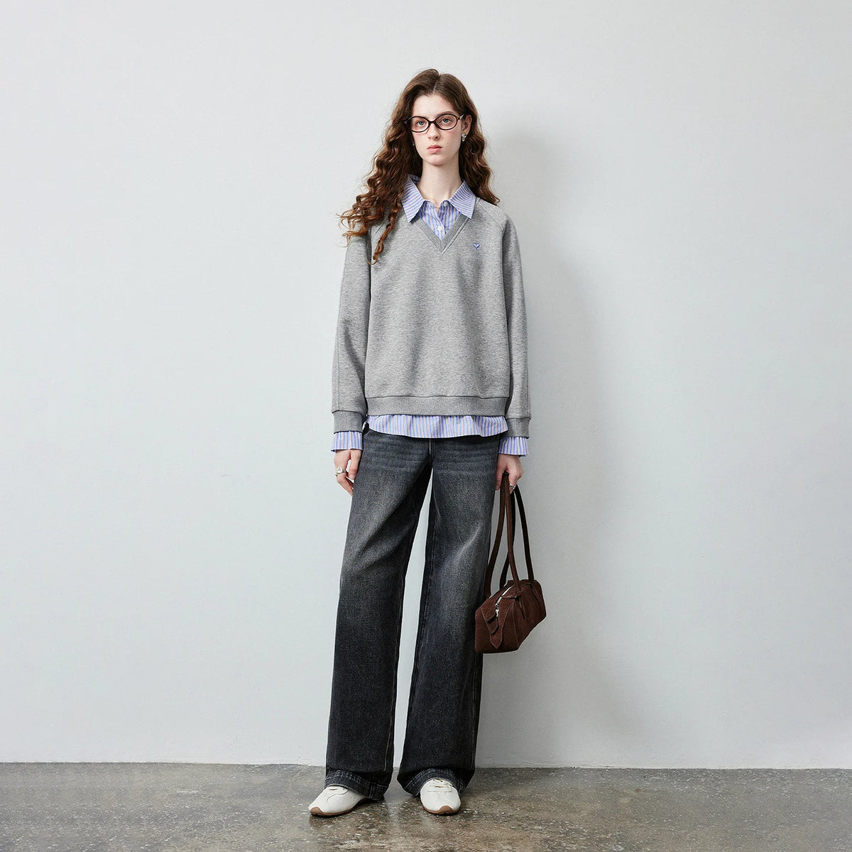 Layered-Look Striped-Collar Sweatshirt