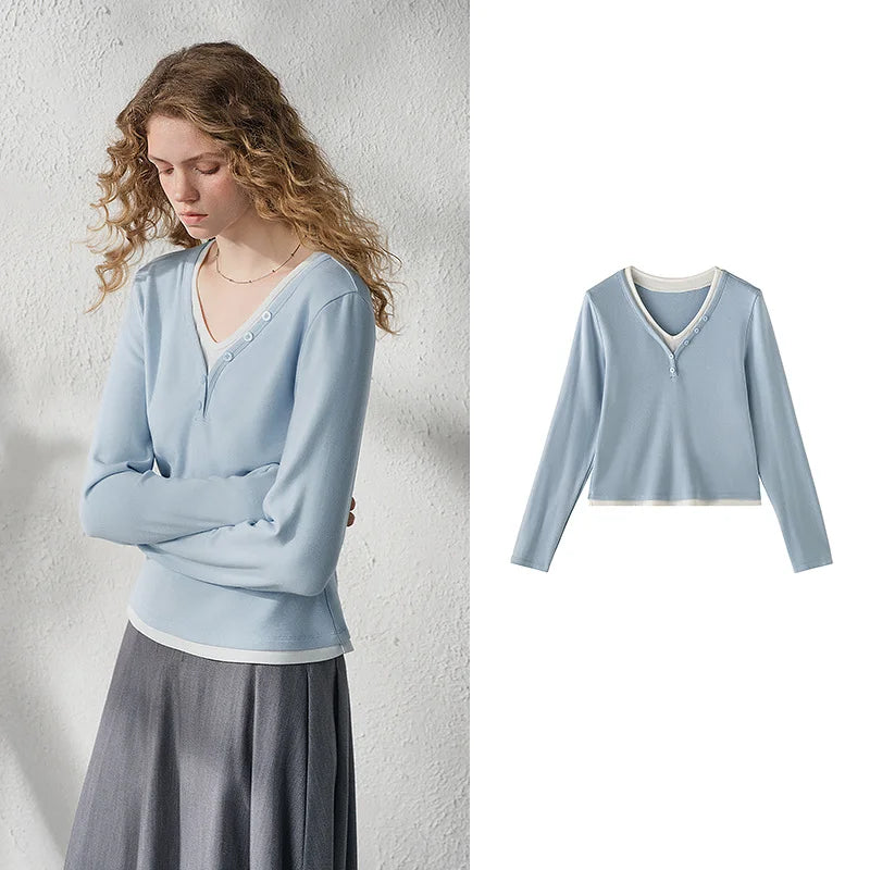 Contrast-Trim V-Neck Long-Sleeve Top