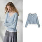 Contrast-Trim V-Neck Long-Sleeve Top