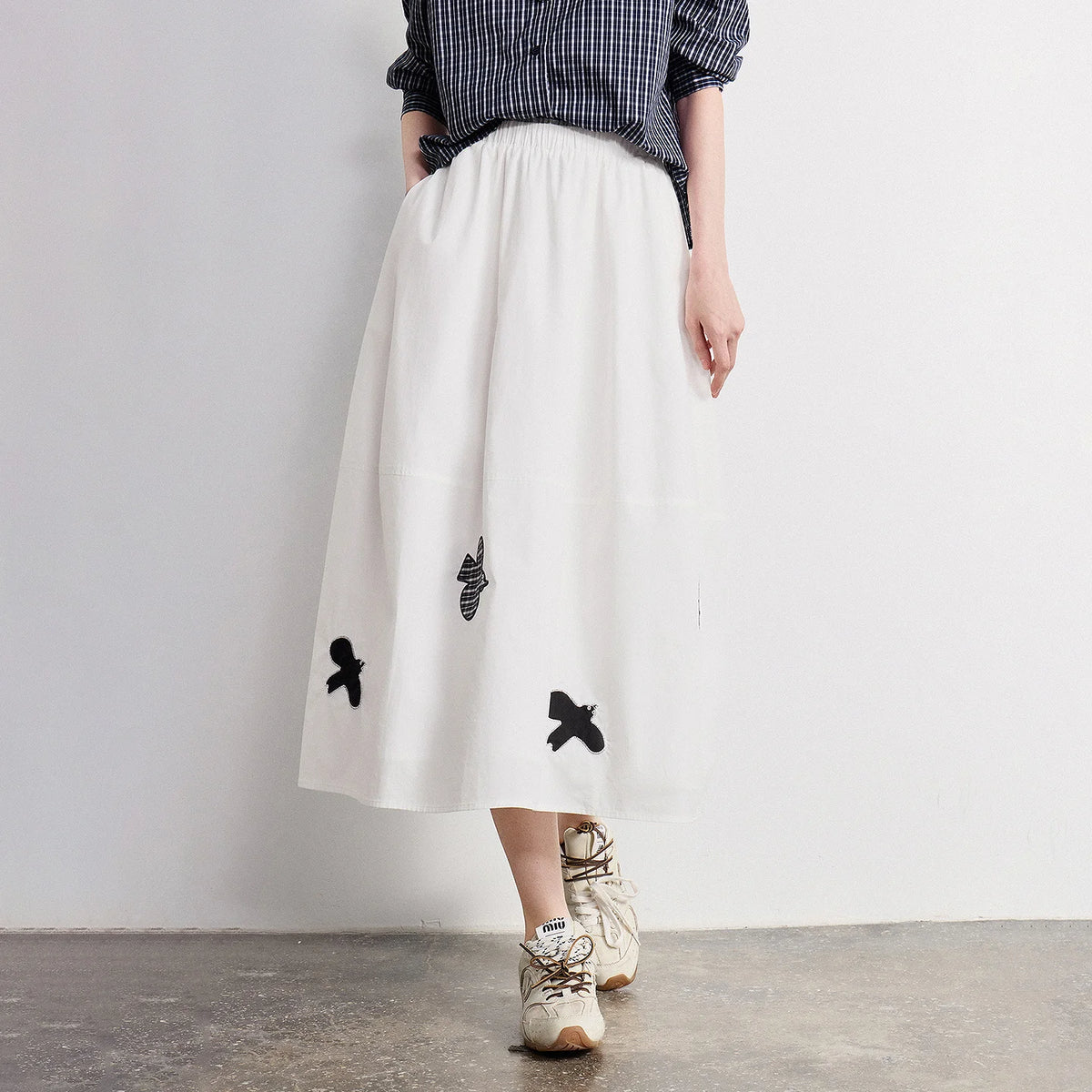 Bird-Motif A-Line Midi Skirt