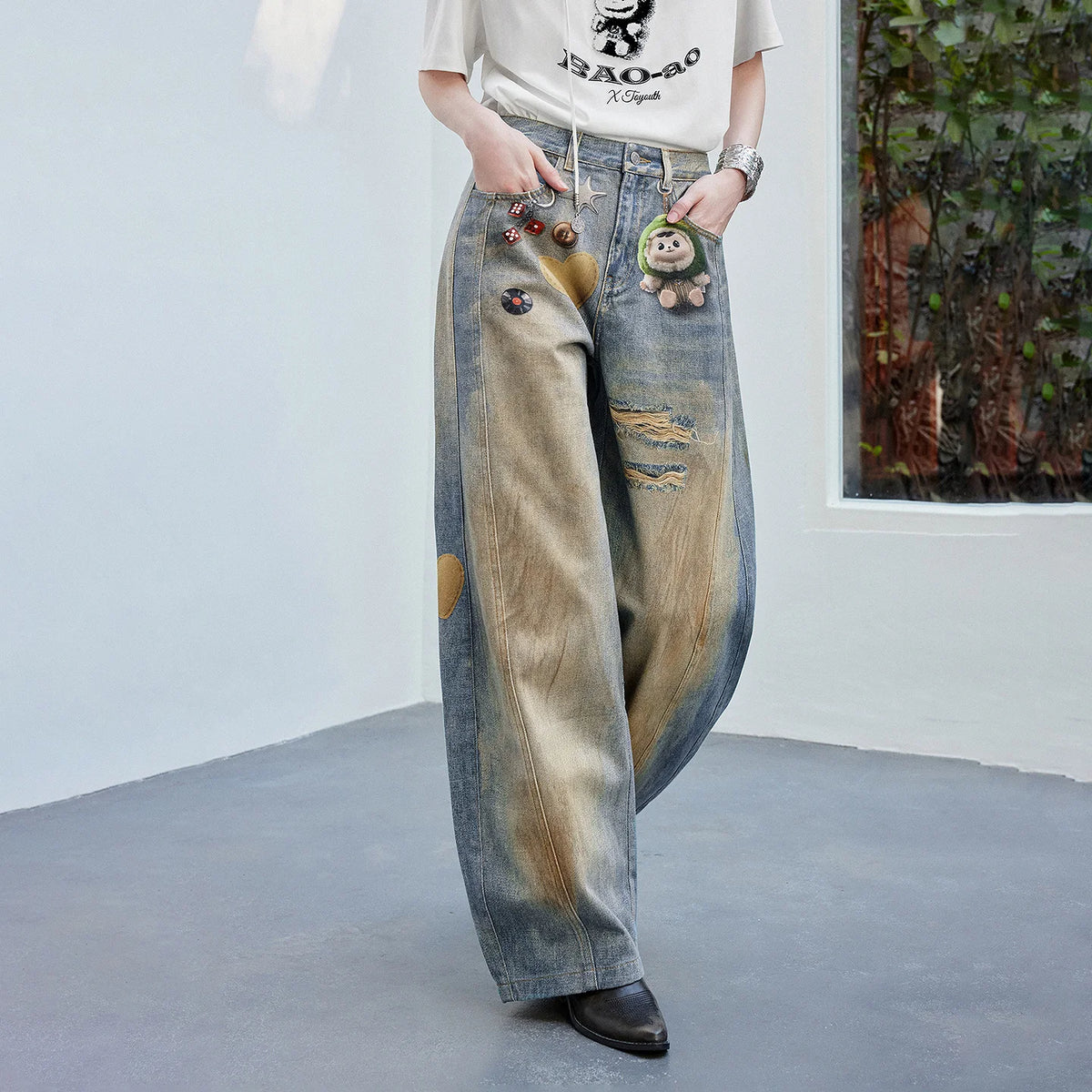 Graphic Curved-Leg Jeans