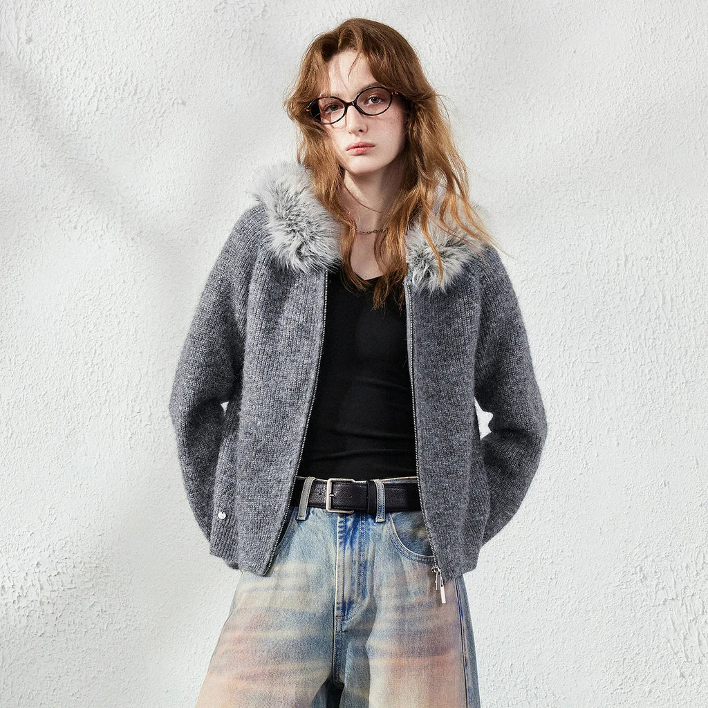 Fluffy-Trim Hooded Knit Cardigan
