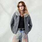 Fluffy-Trim Hooded Knit Cardigan