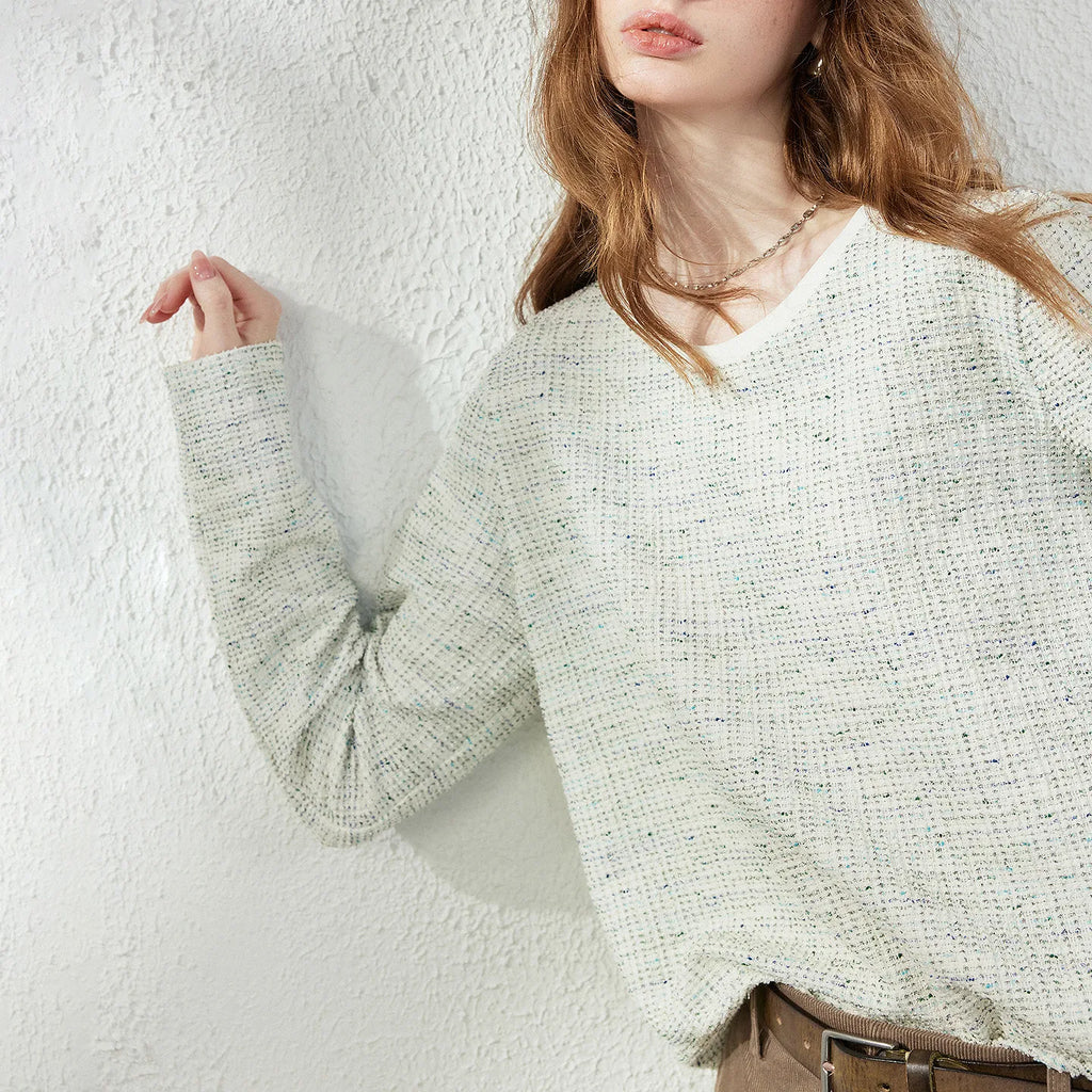 Textured Crewneck Long-Sleeve Knit Top