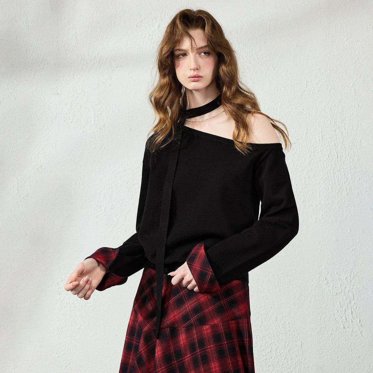 Plaid-Cuff Off-Shoulder Knit Top