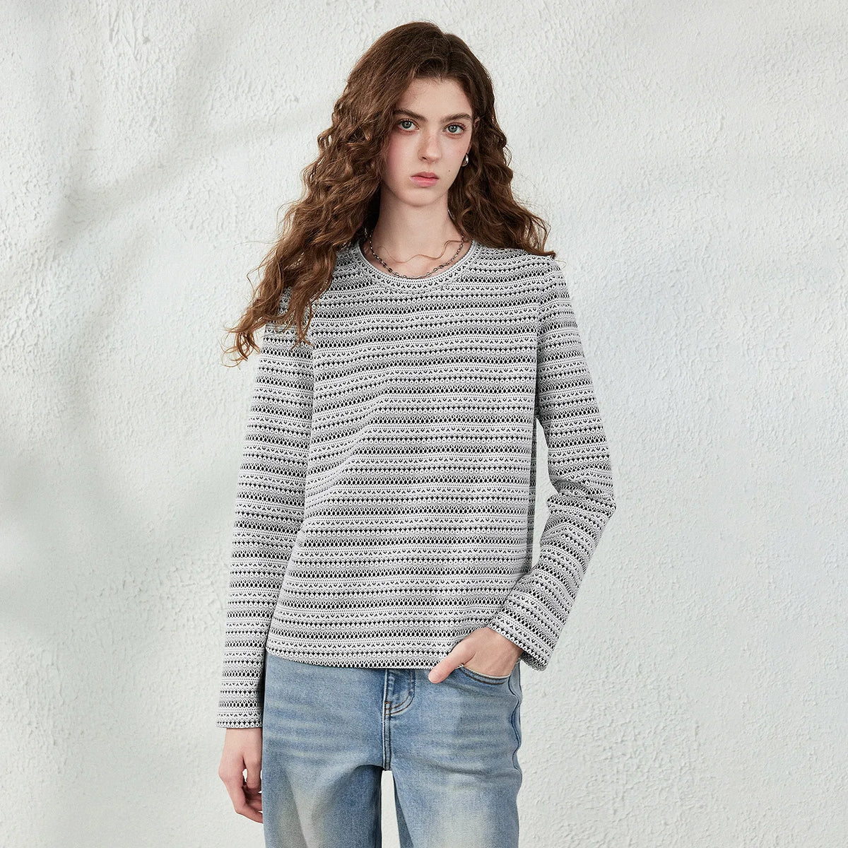 Textured Striped Long-Sleeve Top