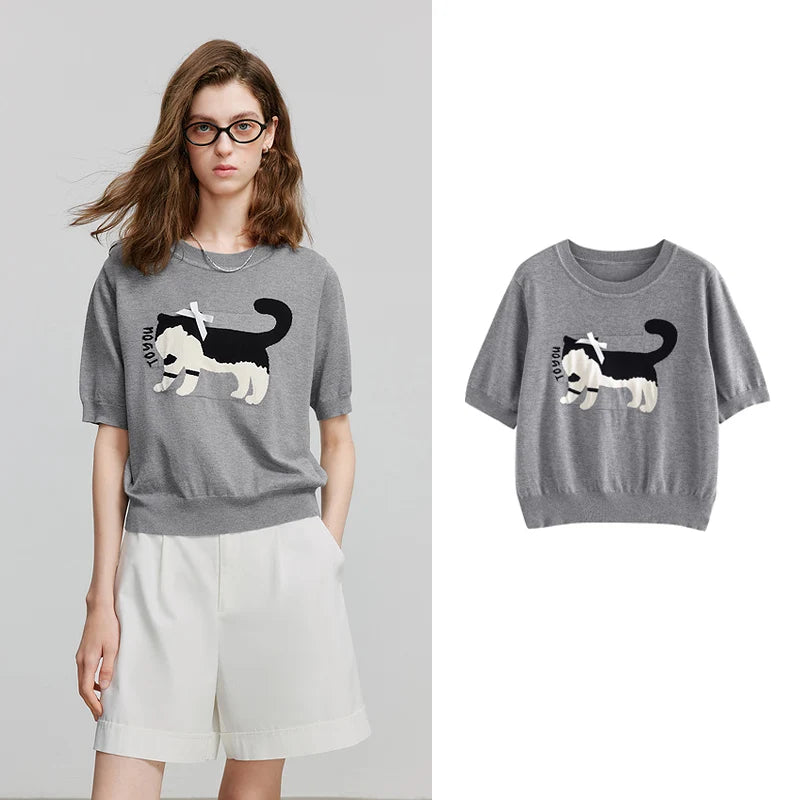 Cat-Motif Knit Tee