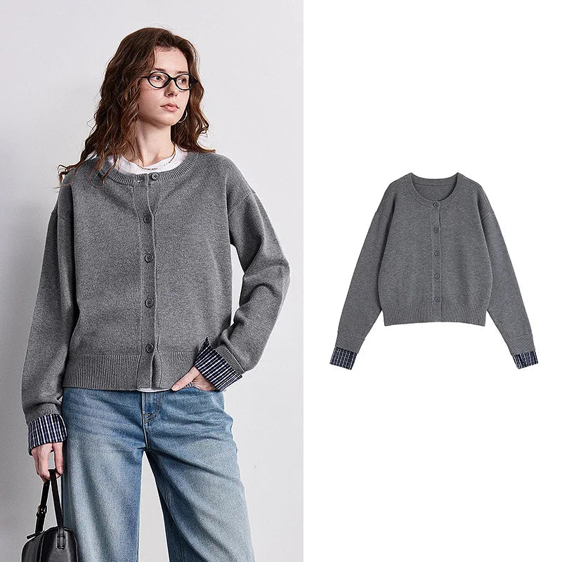 Plaid-Trim Crewneck Cardigan