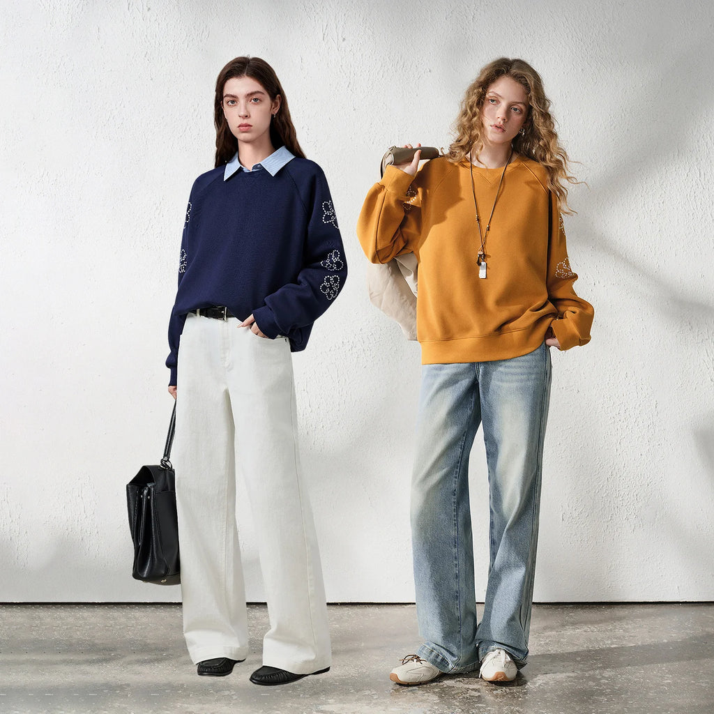 Floral-Sleeve Collared Sweatshirt